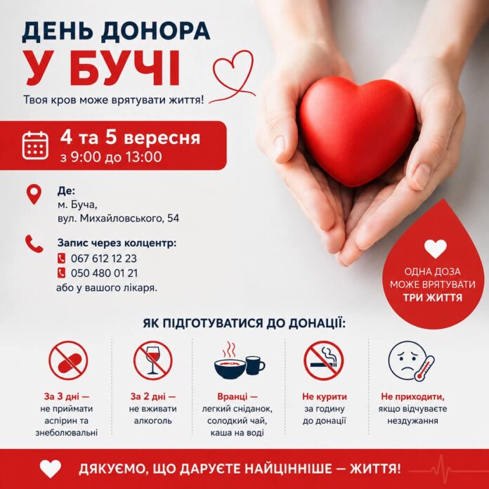 4 та 5 вересня у Бучі пройде День донора